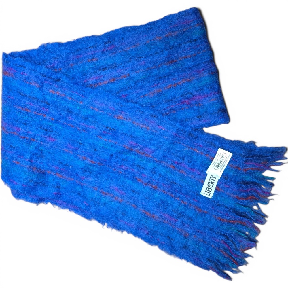 VTG Liberty of London Mohair Wool Scarf Blue Fringed Made in Scotland Striped